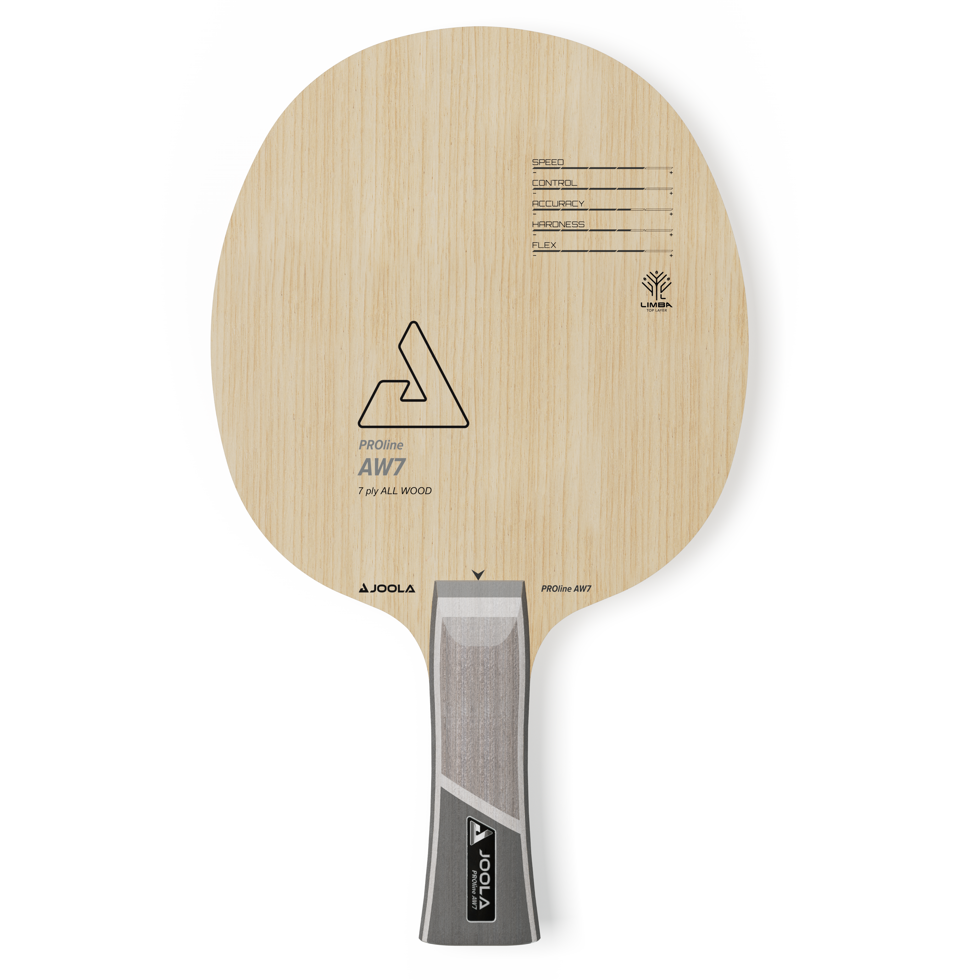 JOOLA PROline AW7 Tischtennisschläger aus 7-lagigem Holz mit Griff in Grau und Naturholz-Belag.
