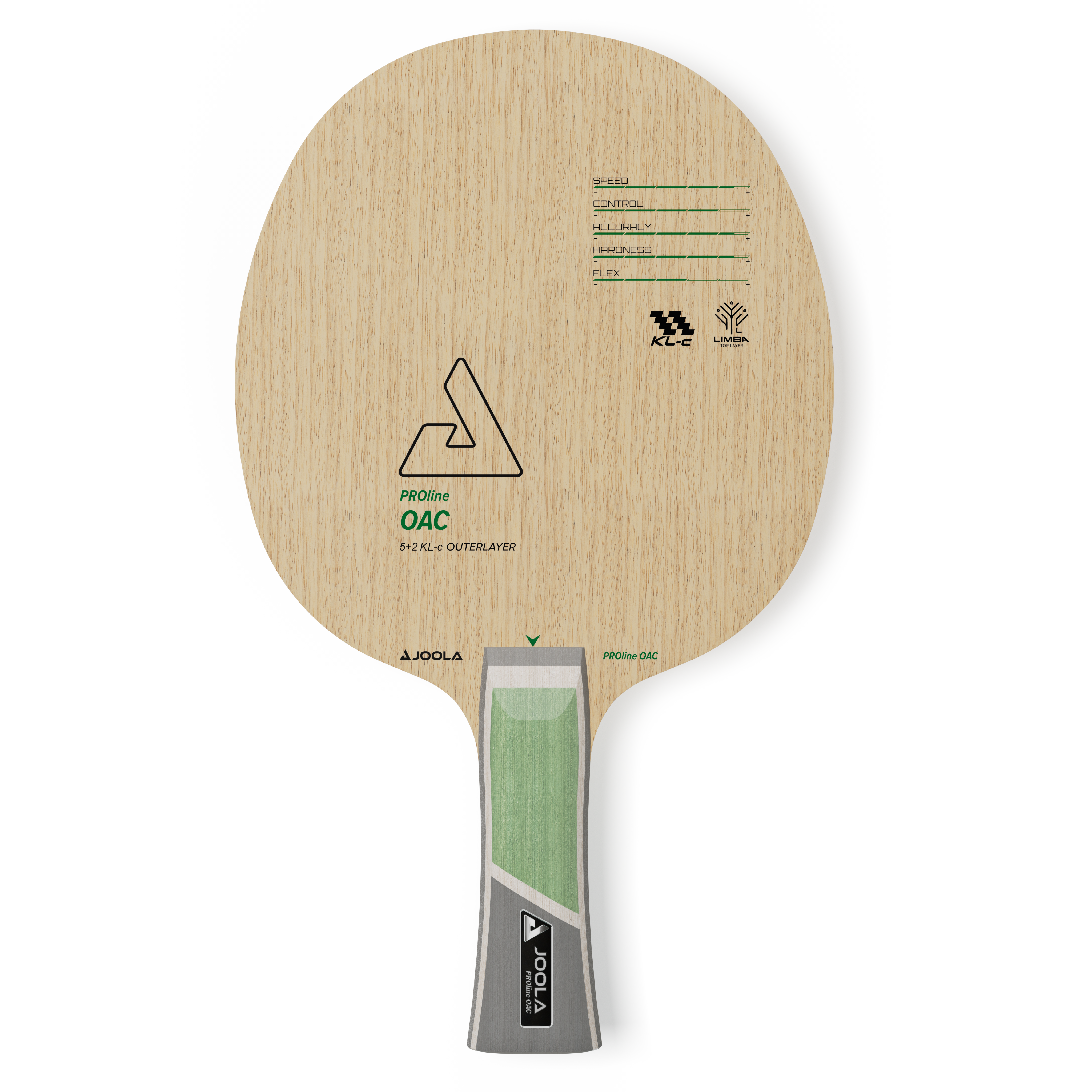 Tischtennisschläger JOOLA PROline OAC mit Holzgriff, Speed-, Kontroll- und Flex-Werten, naturfarbene Schlagfläche.