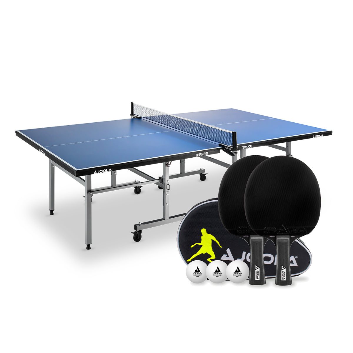 JOOLA Tischtennisplatte TRANSPORT + TISCHTENNIS-SET BLACK DUO PRO in Seitenansicht mit Fokus auf das Design.