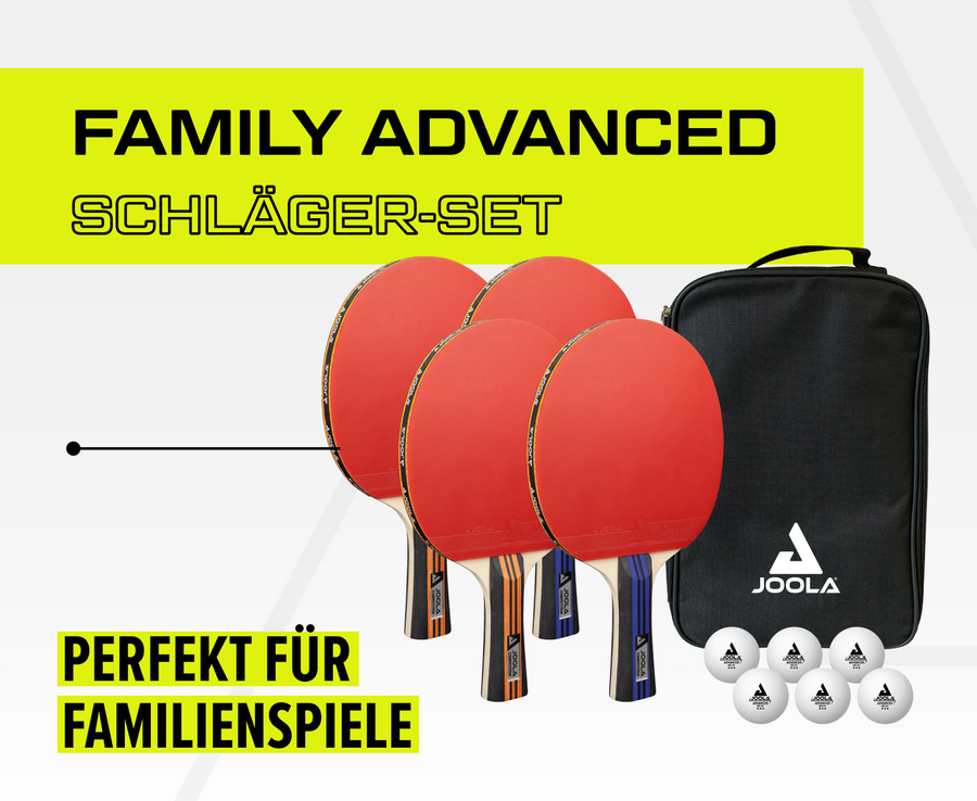 Family Advanced Tischtennis-Schläger-Set mit 4 roten Schlägern, 6 Bällen und schwarzer Tragetasche, ideal für Familienspiele.