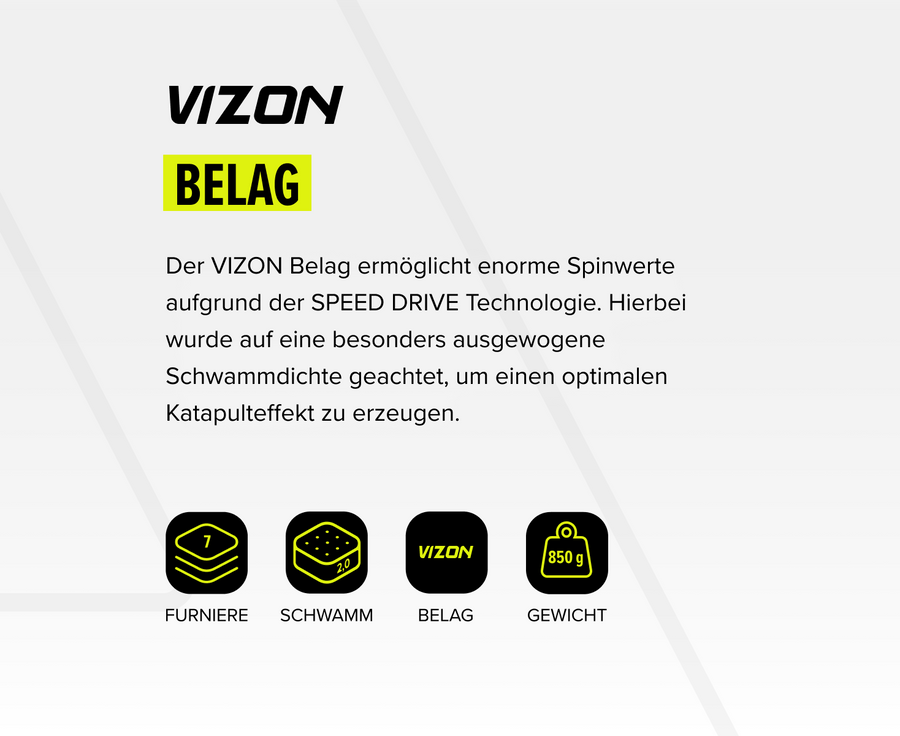Produktbeschreibung VIZON Belag mit SPEED DRIVE Technologie, ausgewogener Schwammdichte und 850 g Gewicht für optimalen Katapulteffekt.