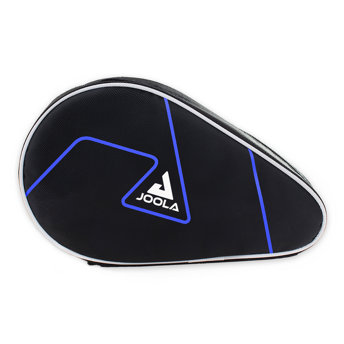 Schwarze JOOLA Tischtennisschläger-Tasche mit blauem Design und Reißverschluss, tropfenförmig.